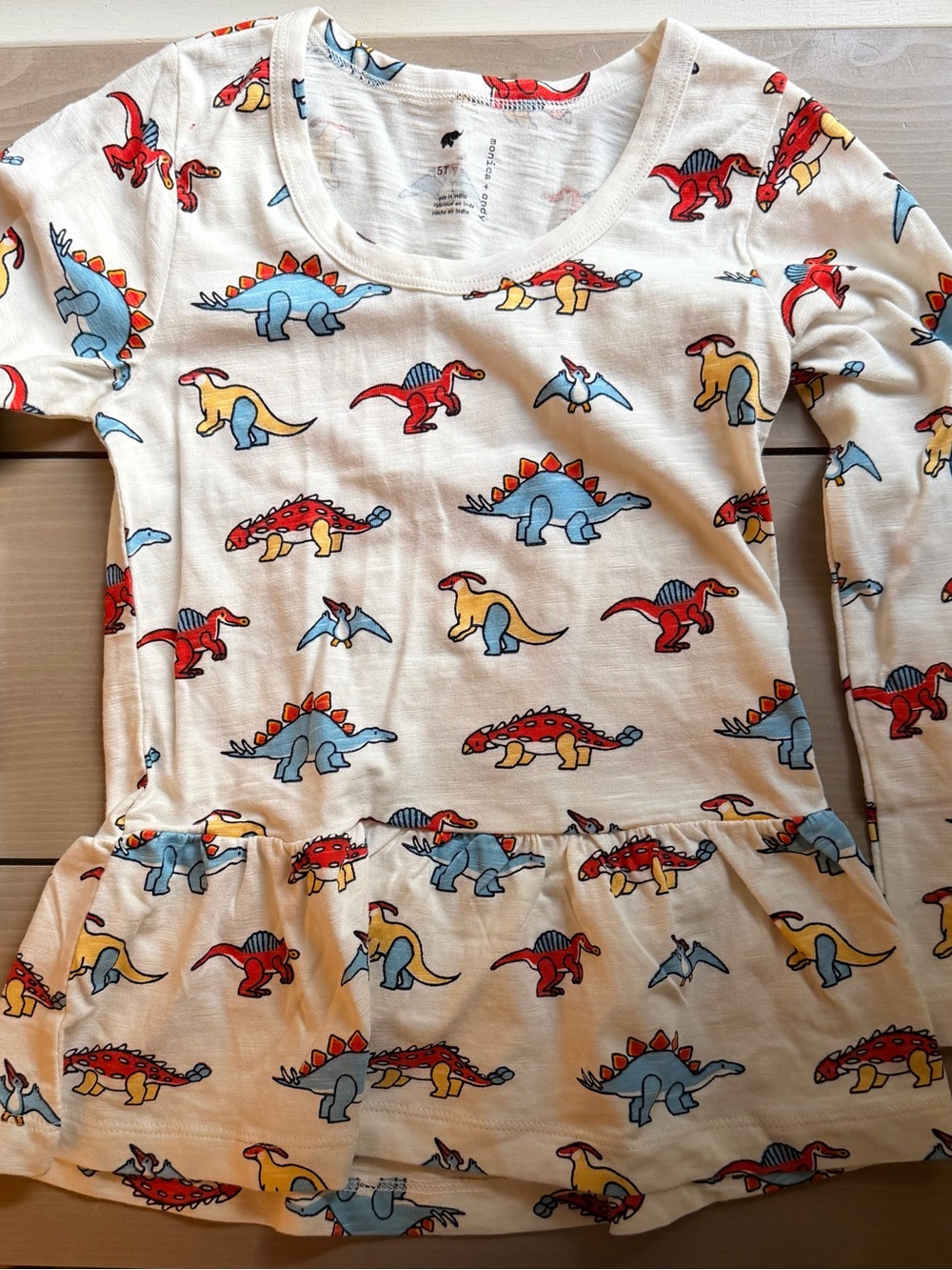 Girls' Cream Long Sleeve Dinosaur Peplum Top - Multicolor Dino Print